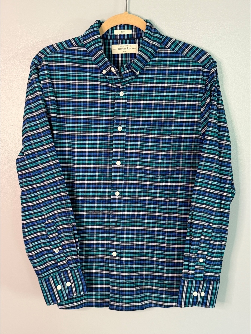 Hawker Rye Slim Fit Stretch Oxford Button-Up Shirt in Blue Green Plaid